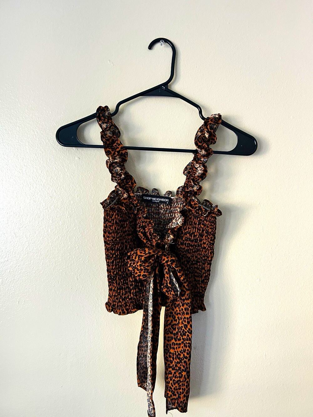Shop Neighbor Brown Leopard Smocked Square Neck Tie Front Cami Top Sleeveless S